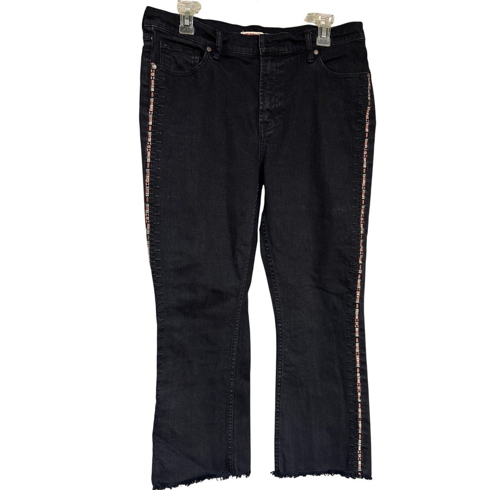 Johnny Was Embroidered Black Wash Denim Jeans Frayed Hem Boho Chic Women's